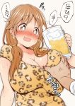  1girl alcohol anger_vein animal_print bangs beer beer_mug blush breast_grab breasts brown_eyes brown_hair cleavage commentary_request cup dress earrings grabbing holding holding_cup idolmaster idolmaster_cinderella_girls jewelry katagiri_sanae large_breasts long_hair low_twintails necklace nose_blush open_mouth shirukuma short_sleeves translation_request trembling twintails wavy_mouth white_background 