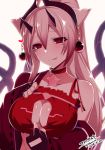  animal_ears bare_shoulders black_gloves blonde_hair blush bra bra_pull breasts choker cleavage cleavage_cutout commentary_request dated earrings fingerless_gloves gloves hair_between_eyes hand_up heart heart-shaped_pupils horns jewelry konshin large_breasts long_hair looking_at_viewer original paizuri_invitation ponytail red_bra red_choker red_eyes signature smile solo symbol-shaped_pupils tentacles tongue tongue_out underwear upper_body 