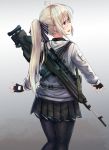  :d ahoge ass bangs battle_rifle black_legwear black_skirt blonde_hair commentary_request eyebrows_visible_through_hair feet_out_of_frame fingerless_gloves from_behind gloves gradient gradient_background gun hair_ribbon highres jacket karo-chan long_hair long_sleeves looking_at_viewer looking_back m14 military open_mouth original pantyhose pleated_skirt ponytail purple_eyes ribbon rifle scope skirt sling smile sniper_rifle solo standing teeth weapon weapon_on_back 