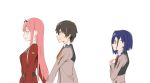  2girls bangs black_hair blue_eyes blue_hair breasts commentary_request couple darling_in_the_franxx green_eyes hair_ornament hairband hairclip hands_on_own_chest hetero highres hiro_(darling_in_the_franxx) horns ichigo_(darling_in_the_franxx) long_hair long_sleeves medium_breasts military military_uniform multiple_girls necktie oni_horns orange_neckwear pink_hair red-chikin red_horns red_neckwear sad short_hair small_breasts uniform white_hairband zero_two_(darling_in_the_franxx) 