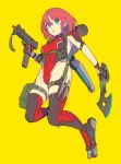  axe backpack bag bangs blue_eyes breasts commentary_request full_body gun hair_between_eyes hand_up highres holding holding_axe holding_gun holding_weapon holster knife leotard looking_at_viewer mecha_musume medium_breasts nagisa_kurousagi original parted_lips red_hair red_legwear red_leotard science_fiction simple_background solo thick_eyebrows thigh_holster thigh_strap thighhighs thighs trigger_discipline turtleneck weapon yellow_background 