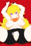  1girl abs aftersex bike_shorts blonde_hair breasts cum cum_in_pussy heavy_breathing kurami large_breasts long_hair looking_at_viewer muscle navel nipples purple_eyes pussy rwby scarf sheet_grab spread_legs sweat wavy_hair yang_xiao_long 