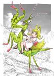  animal animal_ears barefoot belt_collar blonde_hair bright_pupils bug closed_mouth commentary_request doitsuken dress fine_art_parody fox_child_(doitsuken) fox_ears fox_tail from_side highres insect long_hair looking_at_viewer looking_to_the_side napoleon_crossing_the_alps original oversized_animal parody praying_mantis reins riding short_hair short_sleeves smile solo tail white_dress wide_sleeves yellow_eyes 