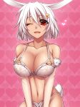  :d animal_ears bare_shoulders bra breasts bunny_ears bunny_tail cleavage commentary_request eyebrows_visible_through_hair hair_between_eyes hair_ornament heart heart_background heart_hair_ornament konshin large_breasts looking_at_viewer navel one_eye_closed open_mouth original panties pink_background red_eyes short_hair smile solo tail underwear white_bra white_hair white_panties 