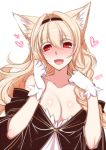  :d animal_ears blonde_hair blush breasts cleavage dated eyebrows_visible_through_hair fox_ears gloves hair_between_eyes hair_intakes hairband hands_up heart konshin large_breasts long_hair looking_at_viewer open_mouth original red_eyes signature simple_background smile solo upper_body white_background white_gloves 