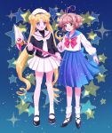  bishoujo_senshi_sailor_moon black_shirt blonde_hair blue_background blue_eyes blue_sailor_collar blue_skirt bow brown_hair cardcaptor_sakura cosplay costume_switch double_bun full_body fuuin_no_tsue green_eyes hat juuban_middle_school_uniform kinomoto_sakura kinomoto_sakura_(cosplay) kisumi_rei magical_girl moon_stick multiple_girls pleated_skirt red_bow sailor_collar sailor_hat school_uniform serafuku shirt short_hair skirt skirt_hold standing star starry_background tomoeda_elementary_school_uniform tsukino_usagi tsukino_usagi_(cosplay) twintails white_sailor_collar white_skirt 