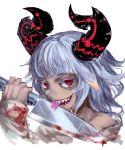  bangs bare_shoulders blood bloody_clothes bloody_weapon blunt_bangs commentary_request evil_grin evil_smile grey_hair grin hand_up holding holding_knife horns jaco knife long_sleeves looking_at_viewer monster_girl off_shoulder original red_eyes reverse_grip saliva sharp_teeth simple_background smile smirk solo teeth tongue tongue_out upper_body weapon white_background 