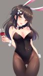  animal_ears ass_visible_through_thighs azur_lane black_hair black_legwear black_leotard black_neckwear bow bowtie breasts bunny_ears bunny_girl bunnysuit chinese_commentary choukai_(azur_lane) commentary_request cowboy_shot cup detached_collar dog_ears drinking_glass flower grey_background hair_between_eyes hair_flower hair_ornament highres large_breasts leotard long_hair looking_at_viewer looking_to_the_side pantyhose qi_ye_shao_yan simple_background solo thigh_gap wine_glass wrist_cuffs yellow_eyes 