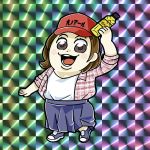  arm_up bkub blue_footwear blue_skirt blush_stickers bottle brown_eyes brown_hair checkered checkered_background flannel hat holding holding_bottle kirin_(company) long_shirt looking_at_viewer multicolored multicolored_background neta open_clothes open_mouth open_shirt plaid plaid_shirt poptepipic pose red_hat shirt shoes short_hair skirt smile solo undershirt 
