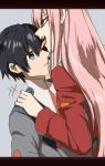  1boy 1girl black_hair blue_eyes couple darling_in_the_franxx eyebrows_visible_through_hair green_eyes hair_ornament hairband hand_on_another&#039;s_shoulder hiro_(darling_in_the_franxx) horns lips long_hair military military_uniform necktie oni_horns pink_hair red_horns red_neckwear satou_(mikanziro) short_hair uniform white_hairband zero_two_(darling_in_the_franxx) 