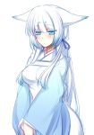  animal_ears apron blue_eyes blue_ribbon blush breasts closed_mouth dated ears_down eyebrows_visible_through_hair fox_ears fox_tail gradient_hair hair_ribbon konshin long_hair long_sleeves medium_breasts multicolored_hair orie_mishiro original ribbon short_eyebrows signature simple_background solo tail upper_body white_apron white_background white_hair wide_sleeves 