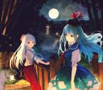  arm_garter bamboo bangs blue_dress blue_hair blunt_bangs bow collared_shirt commentary_request dress fujiwara_no_mokou full_moon hair_bow hat hime_cut kamishirasawa_keine kitsune_(kazenouta) lantern long_hair looking_at_another moon multiple_girls neckerchief night pants railing red_eyes red_pants shirt short_sleeves smile stairs stone_lantern suspenders touhou white_hair white_shirt 