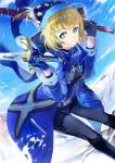  1girl ahoge artoria_pendragon_(all) belt bent_over black_pants blonde_hair blue_coat blue_eyes blue_gloves blue_hat dark_excalibur dual_wielding excalibur eyebrows_visible_through_hair fate/grand_order fate_(series) gloves hat holding holding_sword holding_weapon looking_at_viewer mysterious_heroine_x pants short_hair smile solo star star_print sword weapon 