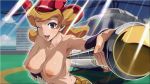  1girl areolae blonde_hair breasts cowboy_hat curvy female floating_hair happy hat helicopter large_breasts long_hair looking_at_viewer melissa_claire navel nipples open_mouth red_eyes shiny shiny_skin shorts sky smile topless ts422 wink yu-gi-oh! yuu-gi-ou_arc-v 