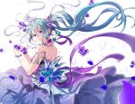  blue_eyes blue_hair bracelet choker ddaomphyo dress eyebrows_visible_through_hair floating_hair flower from_behind hair_between_eyes hair_ornament hair_scrunchie hatsune_miku head_tilt jewelry long_hair looking_at_viewer looking_back parted_lips purple_dress purple_flower purple_ribbon purple_scrunchie ribbon ribbon_choker scrunchie sleeveless sleeveless_dress smile solo strapless strapless_dress twintails very_long_hair vocaloid white_background 