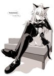  ahoge animal_ears ass breasts bustier cat_ears chair closed_mouth cover cover_page crossed_legs detached_sleeves dress eyebrows_visible_through_hair foreshortening full_body greyscale hand_up highres long_hair long_legs long_sleeves looking_at_viewer medium_breasts monochrome oota_yuuichi original rating shoes short_dress simple_background solo thighhighs white_background 