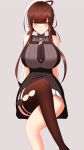  ahoge arm_support arms_behind_back bangs blunt_bangs blush breasts brown_hair commentary crossed_legs dress dsr-50_(girls_frontline) eyebrows_visible_through_hair feet_out_of_frame girls_frontline hair_ornament highres large_breasts long_hair looking_at_viewer necktie red_eyes shady sidelocks simple_background single_thighhigh sitting sleeveless sleeveless_dress smile solo thighhighs thighs turtleneck_dress very_long_hair work_in_progress 