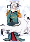  animal_ears barefoot blue_kimono breasts bright_pupils cleavage closed_mouth commentary_request fox_ears fox_girl fox_tail full_body hair_bun hair_ornament hairpin japanese_clothes kimono konshin large_breasts long_sleeves looking_at_viewer obi off_shoulder orange_eyes original sash short_eyebrows smile solo standing tail tantou white_hair wide_sleeves 