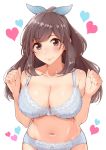  bangs blue_bra blue_panties blush bra breasts brown_hair commentary_request eyebrows_visible_through_hair heart idolmaster idolmaster_shiny_colors lace lace-trimmed_bra large_breasts long_hair looking_at_viewer navel panties ponytail smile solo tsukioka_kogane tyranu underwear underwear_only 