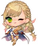  armor blonde_hair blush braid cape chibi fire_emblem fire_emblem_heroes full_body gloves green_eyes long_hair looking_at_viewer onisuu open_mouth sharena smile solo transparent_background 