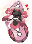  1girl black_skin daipy eyes_closed female full_body gen_7_pokemon happy hat heart no_humans no_mouth outstretched_arm pink_hair pink_hat pokemon pokemon_(creature) solo tapu_lele 