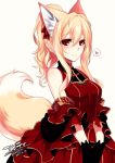  animal_ears bare_shoulders black_gloves blonde_hair blush bow closed_mouth commentary_request dated dress fox_ears fox_tail gloves hair_between_eyes hair_bow heart konshin layered_dress looking_at_viewer original ponytail red_bow red_dress red_eyes signature smile solo spoken_heart tail upper_body white_background 