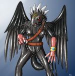  audie-gryph avian belt bird black_sclera bodysuit breasts bulge claws clothing digimon female gloves green_eyes harness long_tail neck_tuft nipples open_maw rubber skinsuit spandex tight_clothing tuft wings 