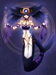  breasts commentary_request covered_eyes earrings facing_viewer full_body head_wings headpiece jewelry konshin large_breasts magic_circle mermaid monster_girl navel necklace original outstretched_arms purple_background smile solo spread_arms 