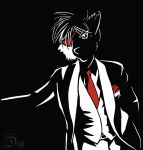  anthro black_background canine clothed clothing duzt_(artist) eye_patch eyewear male mammal mobster restricted_palette simple_background solo standing suit wolf 