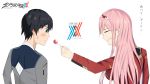  1boy 1girl black_hair blue_eyes blush breasts couple darling_in_the_franxx eyes_closed hair_ornament hairband hiro_(darling_in_the_franxx) holding_lollipop horns large_breasts long_hair military military_uniform oni_horns pink_hair red_horns short_hair sweatdrop uniform white_hairband xhez8272 zero_two_(darling_in_the_franxx) 