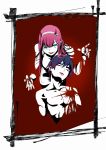  1boy 1girl black_hair blood bloody_hands breasts couple darling_in_the_franxx eyes_closed green_eyes hair_ornament hairband hiro_(darling_in_the_franxx) horns kksoyoki large_breasts lipstick long_hair oni_horns pale_skin pink_hair red_horns short_hair white_hairband zero_two_(darling_in_the_franxx) 
