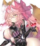  animal_ears bad_id bad_pixiv_id bow breasts cleavage eyebrows_visible_through_hair fate/grand_order fate_(series) fox_ears fox_tail glasses hair_bow heart highres impossible_clothes large_breasts long_hair looking_at_viewer looking_down one_eye_closed open_mouth pink_hair qupitta solo tail tamamo_(assassin)_(fate) tamamo_(fate)_(all) very_long_hair yellow_eyes 