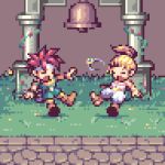  artist_request bell belt blonde_hair boots chrono_trigger crono eyes_closed headband marle necklace pixel_art ponytail sandals square_enix 