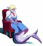  2017 alice_margatroid anthro big_breasts blonde_hair blush breast_expansion breasts chair clothed clothing cyrus_physhor dress eyes_closed female fish growth hair marine shark short_hair signature simple_background sitting solo touhou transformation white_background 
