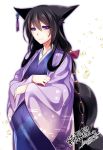  animal_ears bangs black_hair bow commentary_request dated fox_ears fox_tail hair_between_eyes hair_bow hair_ornament japanese_clothes kimono konshin long_hair long_sleeves looking_at_viewer original pregnant purple_eyes purple_kimono red_bow signature smile solo standing tail very_long_hair wide_sleeves 