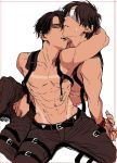  abs arms_behind_back back bandages bdsm belt black_hair bondage bound brown_hair brown_pants chiaki_(asaaaaa) covered_eyes eren_yeager grey_eyes hands_on_another's_head hug hug_from_behind kneeling levi_(shingeki_no_kyojin) looking_at_viewer male_focus multiple_boys nipples open_mouth pants shingeki_no_kyojin shirtless sitting sweatdrop three-dimensional_maneuver_gear white_background yaoi 