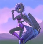  2018 anthro athletic bra butt_pose clothed clothing cutie_mark digital_media_(artwork) equine fan_character feathered_wings feathers female hair mammal my_little_pony pegasus purple_hair rublegun smile sports_bra underwear wings yellow_eyes 