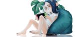  1girl act_(a_moso) bare_legs barefoot bean_bag_chair black_panties blue_hair blue_nails blue_tongue cellphone closed_mouth fingernails grey_eyes holding leaf long_hair nail_polish nintendo_switch octarian octoling panties phone plant playing_games reflection shirt short_sleeves simple_background sitting smartphone solo splatoon splatoon_(series) splatoon_2 suction_cups t-shirt tentacle_hair toenail_polish toenails tongue tongue_out underwear white_background white_shirt 