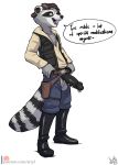  2018 anthro atryl balls clothed clothing cosplay digital_drawing_(artwork) digital_media_(artwork) erection han_solo holidays looking_at_viewer male mammal nintendo open_mouth penis piercing procyonid raccoon simple_background solo star_wars tongue video_games 