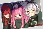  :d ;) bangs black_ribbon blue_eyes blush breasts brown_hair closed_mouth commentary_request creature eyebrows_visible_through_hair face_mask gloves green_jacket green_mittens guru_(last_period) hair_between_eyes hair_ribbon headphones helmet iwazaru_(last_period) jacket kikazaru_(last_period) last_period leafwow long_hair long_sleeves looking_at_viewer mask medium_breasts mittens mizaru_(last_period) multiple_girls on_head one_eye_closed open_mouth photo_(object) pink_hair pointy_ears red-framed_eyewear red_eyes red_gloves ribbon semi-rimless_eyewear sidelocks silver_hair sleeves_past_fingers sleeves_past_wrists smile twintails under-rim_eyewear upper_teeth v 