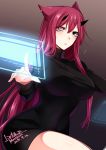  animal_ears bangs black_dress black_eyes breasts commentary_request dated dress hand_up heterochromia holographic_interface konshin large_breasts long_hair long_sleeves looking_at_viewer original parted_lips pink_eyes red_hair short_dress signature solo 
