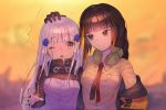 2girls :&lt;&gt; bangs black_hair blonde_hair blunt_bangs blush braid breasts brown_eyes closed_mouth eyebrows_visible_through_hair eyes_visible_through_hair flying_sweatdrops girls_frontline green_eyes hair_ornament hand_on_another's_head headphones headphones_around_neck hk416_(girls_frontline) jacket long_hair m16a1_(girls_frontline) medium_breasts multicolored_hair multiple_girls necktie off_shoulder one_eye_closed open_mouth red_neckwear shirt sidelocks silver_hair smile streaked_hair upper_body xanax025 yellow_shirt 