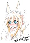  :&gt; @_@ animal_ears blonde_hair blue_eyes blush bow commentary_request dated embarrassed eyebrows_visible_through_hair fox_ears fox_tail hair_bow holding konshin long_hair long_sleeves multiple_tails original red_bow ribbed_sweater signature simple_background single_hair_intake sketch sleeves_past_wrists smile solo sweater tail white_background 