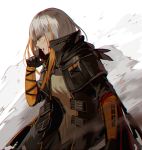  armband bangs bleeding blood blood_drip blood_from_mouth blunt_bangs braid capelet coat corruption from_side girls_frontline gloves hand_up jacket leaning_forward long_hair looking_afar m16a1_(girls_frontline) mole mole_under_eye orange_hair sangvis_ferri sidelocks silence_girl single_braid smoke solo spoilers torn_clothes white_hair yellow_eyes 