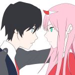  1boy 1girl black_hair blush couple darling_in_the_franxx face-to-face hair_ornament hairband hiro_(darling_in_the_franxx) horns kiri_yuki long_hair looking_at_another military military_uniform oni_horns pink_hair red_horns short_hair uniform white_hairband zero_two_(darling_in_the_franxx) 