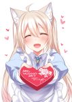  :d ahoge animal_ears apron blonde_hair blue_dress blush box cat_ears closed_eyes commentary_request dated dress english facing_viewer flower head_tilt heart heart-shaped_box juliet_sleeves konshin long_sleeves maid maid_apron open_mouth original puffy_sleeves signature smile solo twintails valentine white_apron 