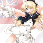  arm_behind_head blonde_hair blue_eyes dd_(ijigendd) dress flag_background gloves hat jervis_(kantai_collection) kantai_collection long_hair looking_at_viewer one_eye_closed open_mouth outstretched_arm pointing sailor_collar sailor_dress sailor_hat short_sleeves solo standing union_jack white_dress white_ensign white_gloves white_hat 