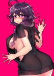 ahoge ass black_sweater braid breasts butt_crack cowboy_shot dress eyebrows_visible_through_hair from_behind hand_up large_breasts long_hair looking_at_viewer looking_back messy_hair naked_sweater navel nyarla_(osiimi) original osiimi parted_lips pink_background purple_eyes purple_hair simple_background solo sweater sweater_dress 