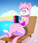  2018 aeris_(vg_cats) anthro blue_eyes cat clothed clothing cloud feet feline female fur gaming hair hi_res mammal nintendo nintendo_switch outside pink_fur pink_hair playing_videogame sitting sky smile swimming_pool vg_cats video_games vimhomeless webcomic 