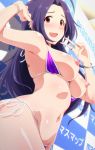  ahoge bangs bikini bikini_pull blue_hair blush bracelet breasts breasts_outside commentary ear_piercing hand_gesture hands_up heart_pasties highres hips idolmaster idolmaster_(classic) jewelry large_breasts long_hair looking_at_viewer miura_azusa navel nipples open_mouth parted_bangs pasties piercing purple_bikini red_eyes ring shiny shiny_skin smile solo step_and_repeat swimsuit tengu_(tetuo_kun) v 